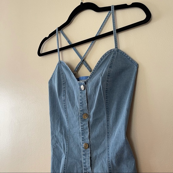 Denim Button Up Adjustable Spaghetti Straps Dress - Picture 6 of 8